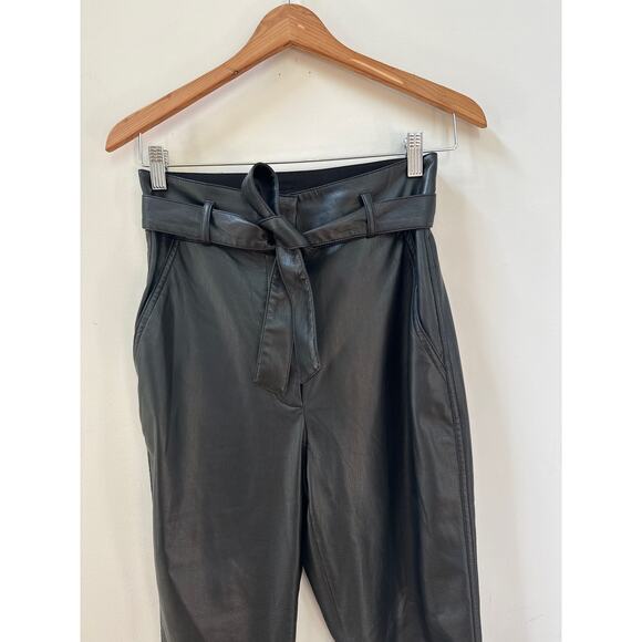 Babaton Aritzia Vegan Faux Leather Belted Pants Tie Front High Rise Black - Picture 3 of 7